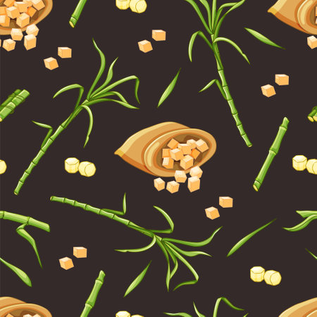 Sugarcane stems and leaves, a bag of sugar seamless pattern. Vector illustration.のイラスト素材