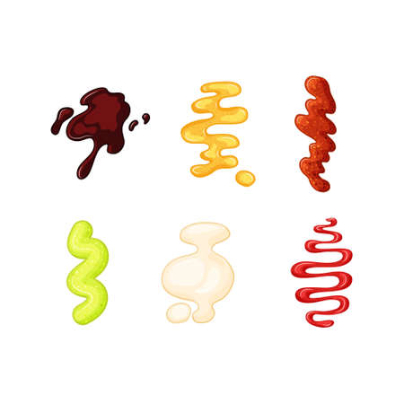 Sauces spots set on a white isolated background. Soy, mayonnaise, ketchup, mustard splashes vector illustration.のイラスト素材
