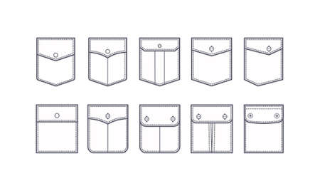 Patch pocket set of uniform patch pockets shapes for clothes, dress, shirt, casual denim style. Vector illustration icons.のイラスト素材