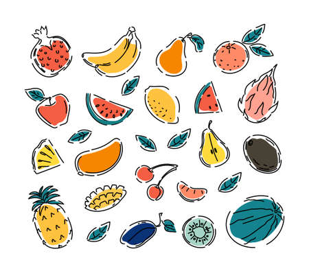 Natural tropical fruits lemon, orange, apples, pineapples doodle. Vegetarian food. A set of vector isolated icons illustrationsのイラスト素材