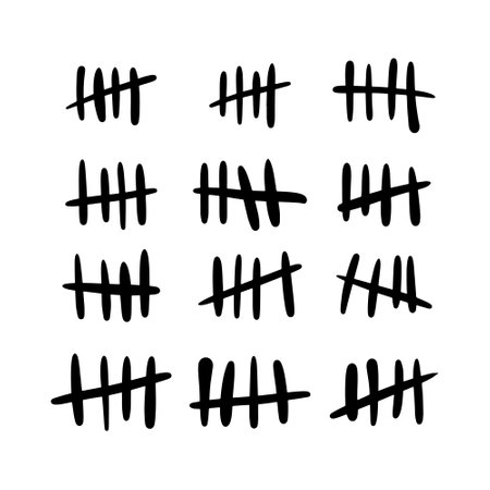 Tally marks set hand drawn on the wall isolated. Counting characters. Counting days in prison. Vector illustration.のイラスト素材