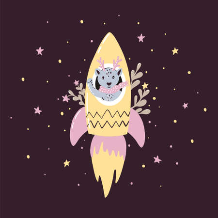 Cute deer in a rocket in space. Children illustration in the Scandinavian style. Print for clothing. Vector.のイラスト素材