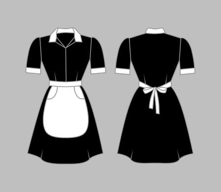 Maid uniform women clothing is black with a white apron, collar and cuffs. Front and rear view. Vector illustration.のイラスト素材