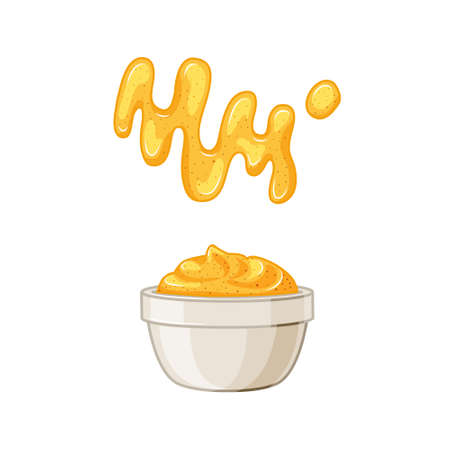 Mustard sauce in a bowl and a spot on a white isolated background. Vector illustration of food in a cartoon style.のイラスト素材