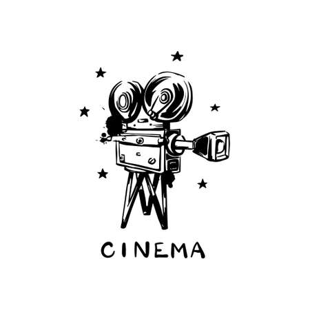 Vintage old movie camera on a white background. Cinema. Hand-drawn paint and vector hand-drawn illustration.のイラスト素材