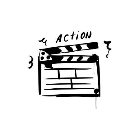 Movie clapperboard sketch. Film set clapper for cinema production. Action. Hand drawn icon in vector doodle style.のイラスト素材