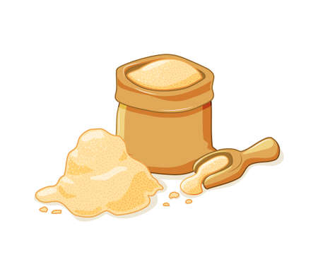 Cane sugar in an open bag and scattered. Set on a white isolated background. Vector illustration of a cartoon. Sugar in fabric sack mockup.のイラスト素材