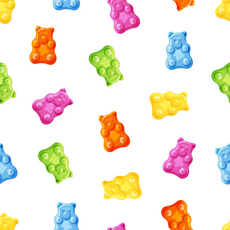 Various Gummy and Jelly Bears. Fruity and tasty Sweets and candies. Cartoon style. Seamless Pattern, Background, Wallpaper. Vector.のイラスト素材