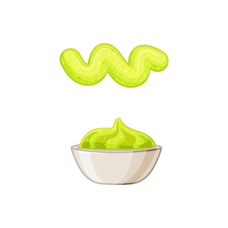 Wasabi bowl on a white isolated background. Squeezed sauce. Asian cuisine. Vector cartoon illustration.のイラスト素材
