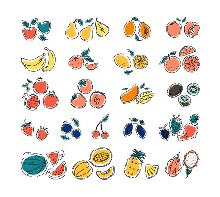 Various fruits and berries on a white isolated background. Big set natural tropical fruit. Doodles...