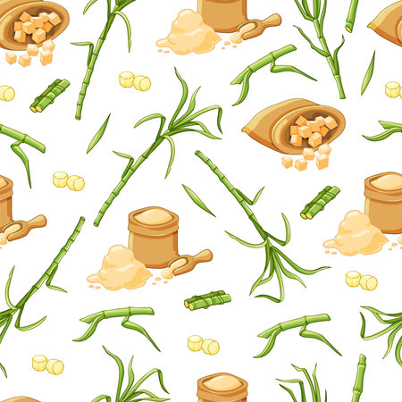 Sugar cane seamless pattern on a white background. Stems, leaves, brown sugar in a cartoon-style bag. Vector background.のイラスト素材