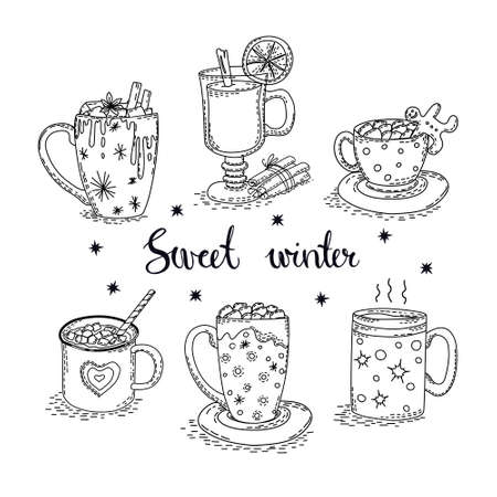 Hot drinks coffee, cocoa with marshmallows, mulled wine in cups set on a white isolated background. Sweet dessert for autumn and winter holidays. Hand-drawn. Vector Offline illustration.のイラスト素材