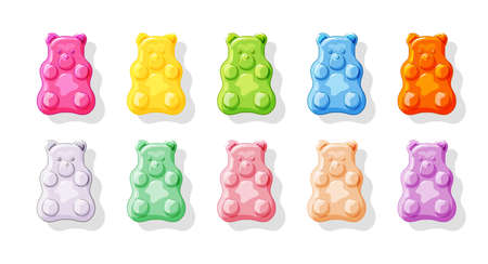 Various jelly bears set on a white isolated background. Multi-colored Gummies. Sweet candies. Cartoon vector illustration of vitamins.のイラスト素材
