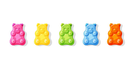 Gummy bears set on a white isolated background. Multi-colored Sweet jelly candies. Cartoon vector illustration of vitaminsのイラスト素材