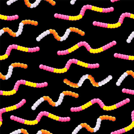 Different jelly worms on a dark background. Gummy candy seamless pattern. A children treat. Vector illustration.のイラスト素材