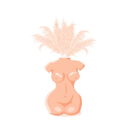 Dry pampas grass bouquet. Interior vase female body. Flat vector illustration.のイラスト素材