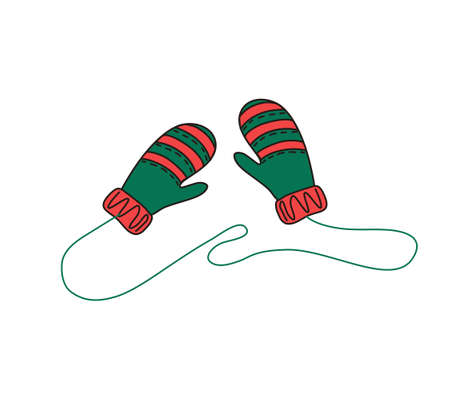 Pair of mittens on a rope. Winter clothing. Christmas. Hand-drawn vector illustration.のイラスト素材