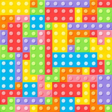 Various plastic blocks seamless pattern. 7 colors and shapes. Constructor for children. Vector background.のイラスト素材