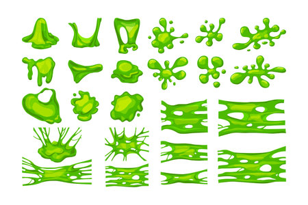 Green slime set. Collection of blots, splashes and smudges. Vector cartoon illustration of liquid.のイラスト素材