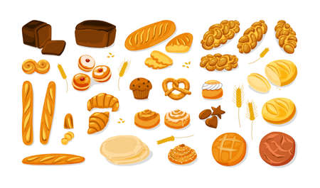 Bread. Various bakery pastry products - rye, wheat and whole grain bread, french baguette, croissant, bagel, roll, toast bread slices, donut, bun,kanelbulle, chalah. Vector cartoon icon set.のイラスト素材