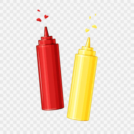 Ketchup and mustard. Bottles with sauces on a transparent isolated background. Splashes and drops. Vector cartoon illustration.のイラスト素材