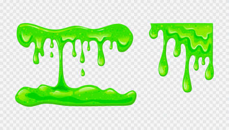 Green slime dripping set. Collection of blots, splashes and smudges. Vector cartoon illustration of sticky liquid.Transparent backgroundのイラスト素材
