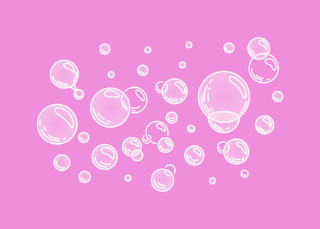 Bubbles on pink background .Fizzing air or water bubbles . Fizzy sparkles. Gum. Vector cartoon...