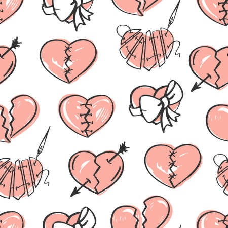 Pink hearts hand-drawn seamless pattern. Ideal for wallpaper, fill pattern, web page background, surface texture.Vector illustration.のイラスト素材