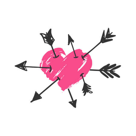Heart pierced by arrows on a white isolated background. Symbol of Valentine Day. Elements of romance. Sticker, Badge patch, Postcard for Marriage, Wedding.のイラスト素材