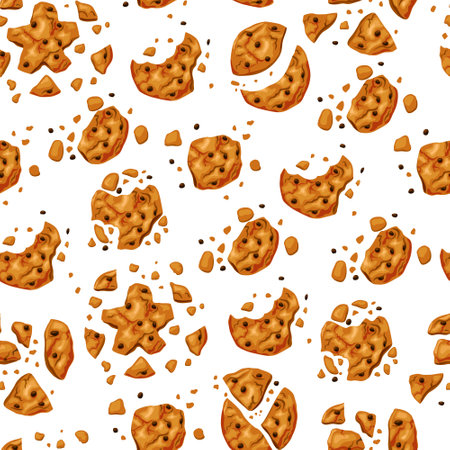 Bitten cookies with chocolate. Delicious homemade cakes. Vector seamless cartoon pattern.のイラスト素材