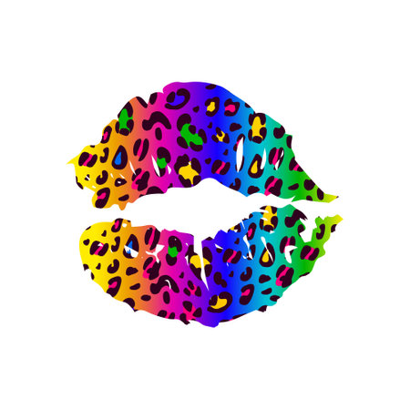 Bright leopard lips on a white background. Rainbow. Painted colored female lips. Vector hand-drawn illustration.のイラスト素材