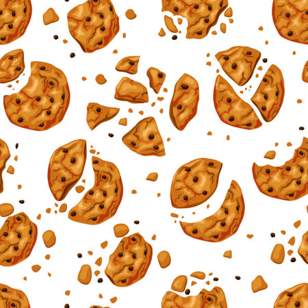 Bitten cookies with chocolate chips seamless pattern. Delicious homemade cakes. Vector cartoon background.のイラスト素材