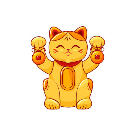 Golden Japanese cat with raised paws. Maneki neko symbol luck and wealth. Vector cartoon illustration white isolated background.のイラスト素材