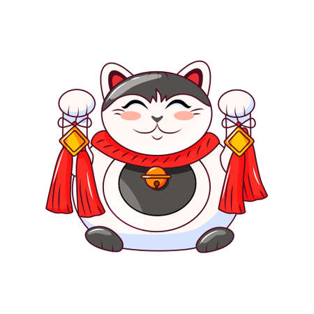 Luck cat maneki neko on a white isolated background. A symbol of wealth. Vector cartoon illustration.のイラスト素材