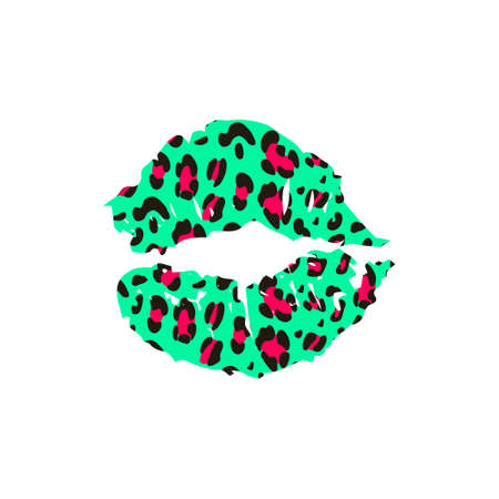 Leopard lips are green and pink.Painted colored female lips. Ideal for printing on clothes. Vector hand-drawn illustration.のイラスト素材