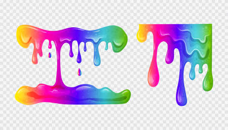 Rainbow dripping slime set. Viscous liquid. Vector cartoon illustration on a transparent background.のイラスト素材