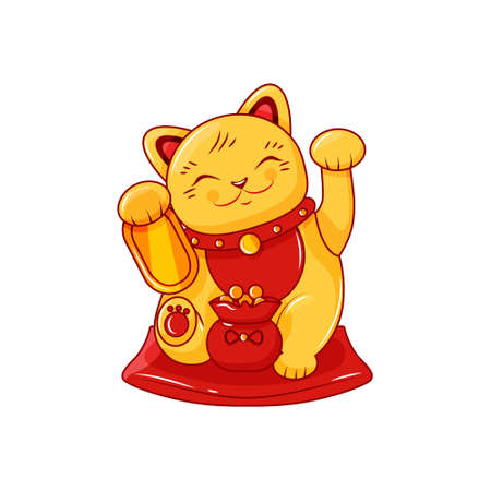 Golden Japanese cat maneki neko with a raised paw and a bag of money. Symbol of luck and wealth. Vector cartoon illustration on a white isolated background.のイラスト素材