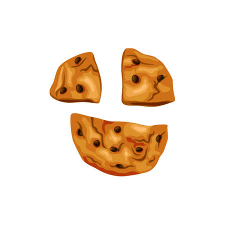 Cookies with chocolate chips broken in half. Bitten cookies. Vector cartoon illustration on a white isolated background.のイラスト素材