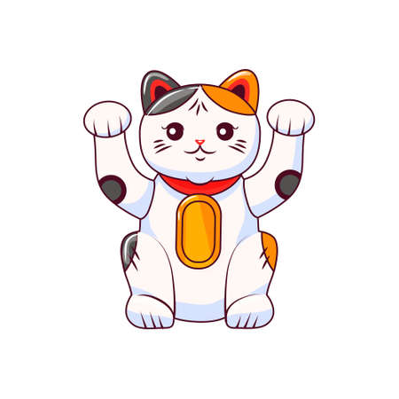 Cute maneki neko Japanese luck cat with raised paws.Symbol of wealth. Vector cartoon illustrationのイラスト素材