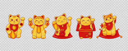 Golden Maneki Neko set on a transparent background. Japanese cats of luck and wealth. Vector cartoon illustration.のイラスト素材
