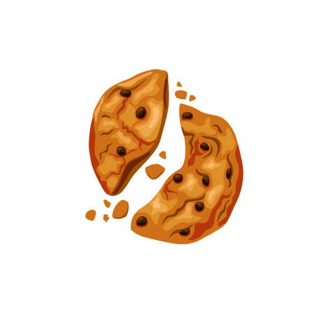 Cookies with chocolate chips broken in half. Freshly baked bitten cookies. Vector cartoon illustration.のイラスト素材