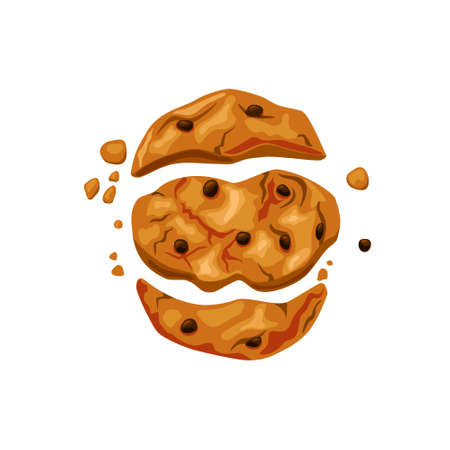 Bitten cookies with chocolate chips on a white isolated background. Broken into three halves. Crumbled. Vector cartoon illustration.のイラスト素材