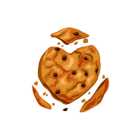 Bitten cookies with chocolate chips. Broken cookie in the shape of a heart. Made with love Vector cartoon illustration.のイラスト素材