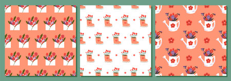 Set of spring seamless patterns with flowers, watering cans and boots. Cute vector backgrounds.