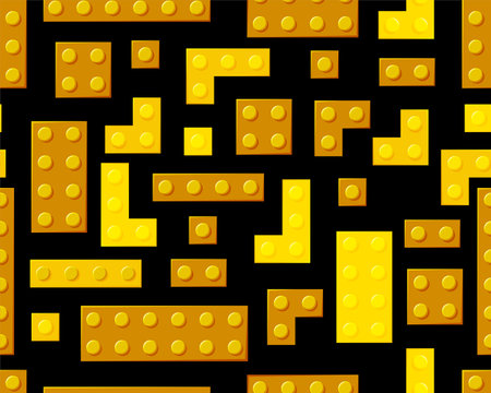 Gold plastic toys on a black background seamless pattern. Golden details of the designer. Different...
