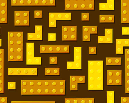 Gold plastic toys on a brown background seamless pattern. Golden details of the designer. Different shape. Vector cartoon illustration.のイラスト素材