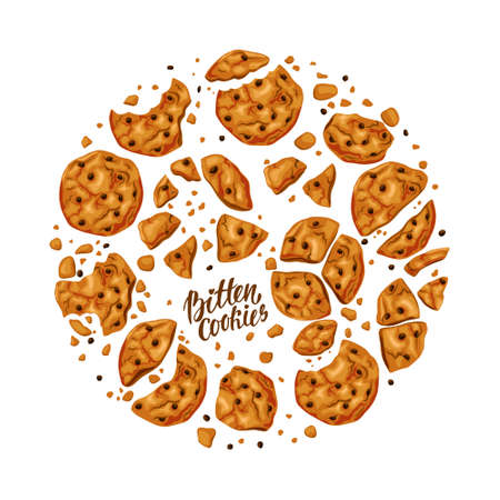 Bitten cookies with chocolate chips set. Broken sweets. Fresh pastries. Vector cartoon illustrationのイラスト素材