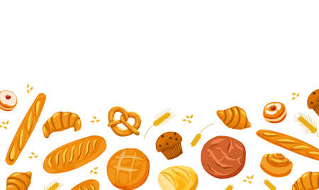 Bakery goods and ears wheat on white background. For decor menu Baking. Bread loaf and french baguette pretzel, muffin, donut, croissant, french baguette. With space for text. Vector cartoon illustrationのイラスト素材