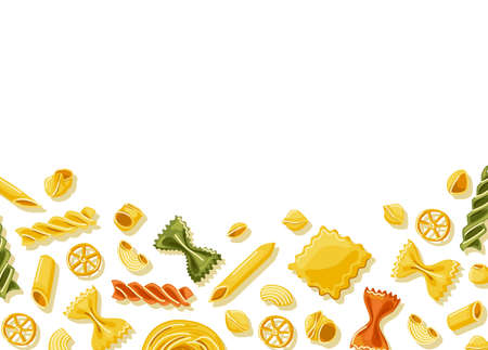 Different colored pasta background.Italian cuisine. Homemade pasta. Decor of the restaurant menu. Vector cartoon illustrationのイラスト素材