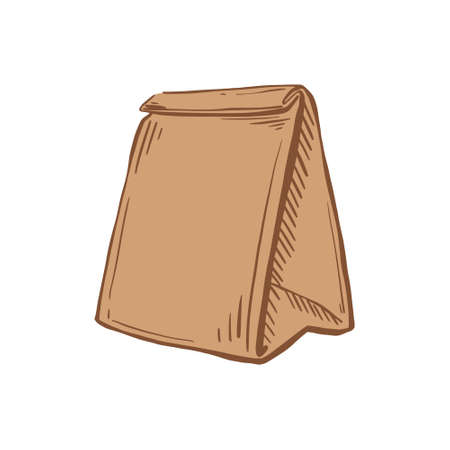 Delivery bag brown sketch. Paper Bag for Grocery Shopping. Packaging for breakfast. Vector hand drawn illustrationのイラスト素材
